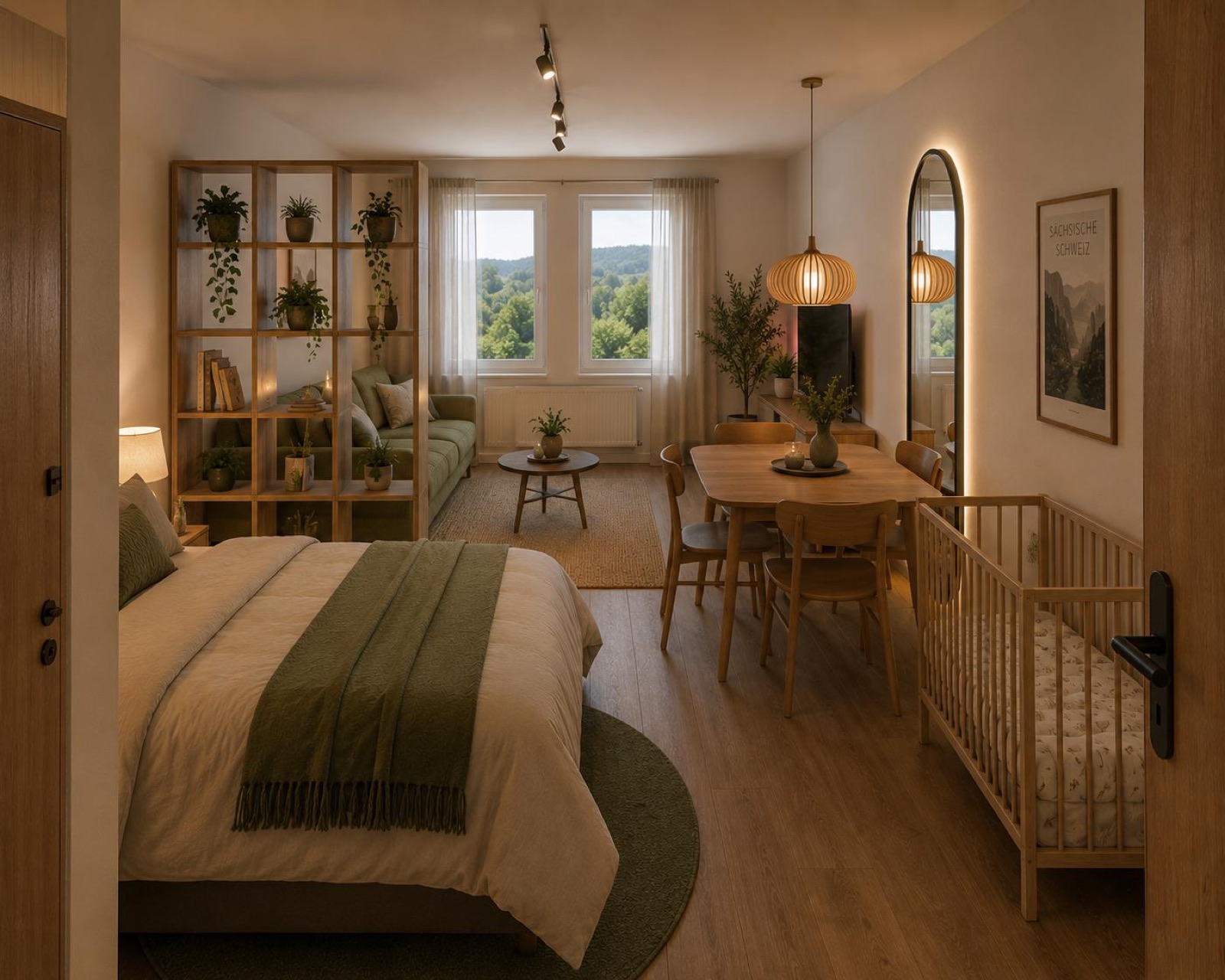 Gemütliches Studio für Paare mit Essbereich, Ausblick ins Grüne und Babybett-Option